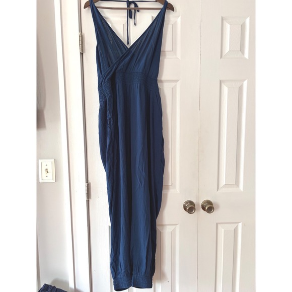 Prana Pants - Prana Blue Surplice Halter Jumpsuit Smocked Waist Jogger Leg XL